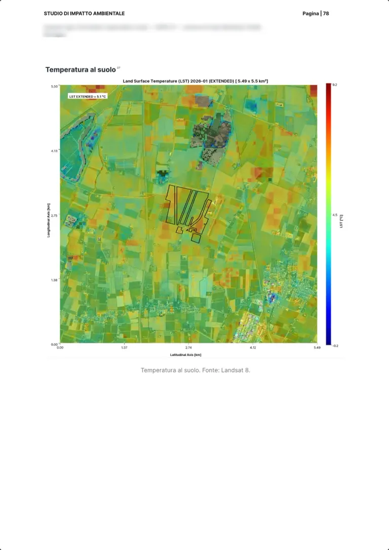 La carte de la température de surface de Landsat 8 autour du site, du bleu au rouge, avec le contour des parcelles.