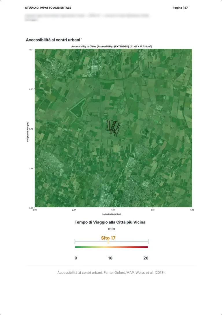 La carte du temps de trajet vers les centres urbains autour du site, en tons de vert, avec la barre d'échelle et la valeur du site.
