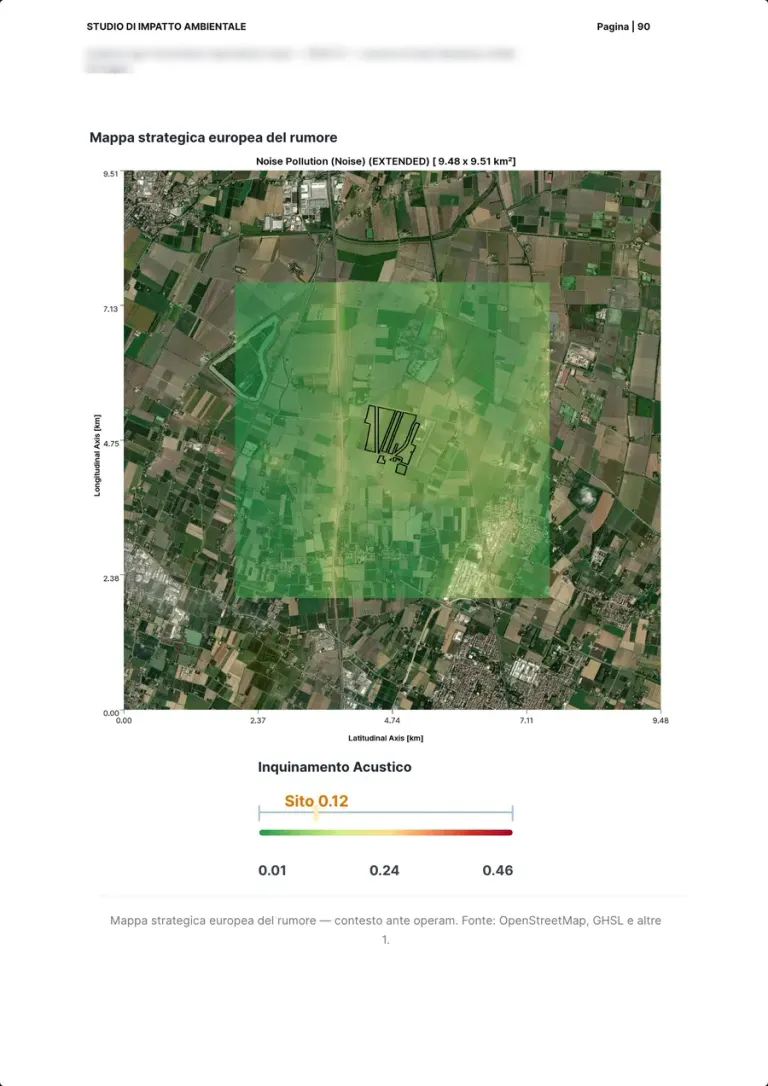 La carte du bruit avant les travaux autour du site sur orthophoto, avec la barre d'échelle et la valeur du site.