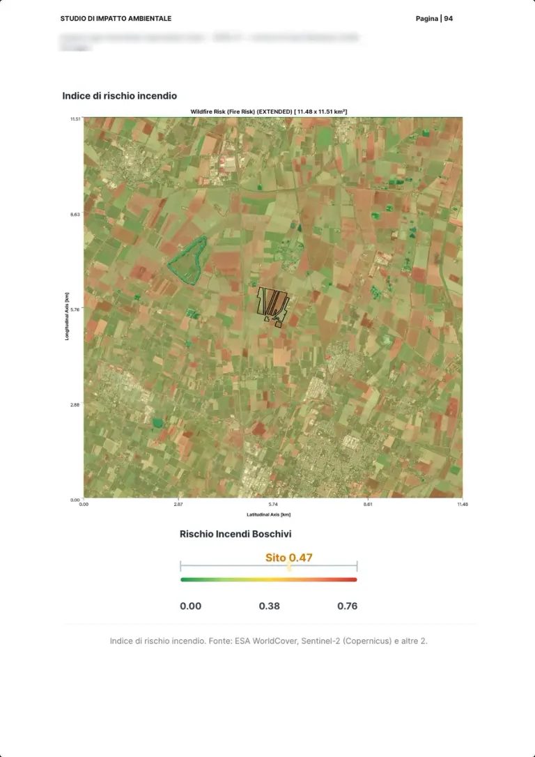 La carte de l'indice de risque d'incendie autour du site, du vert au rouge, avec la barre d'échelle et la valeur du site.