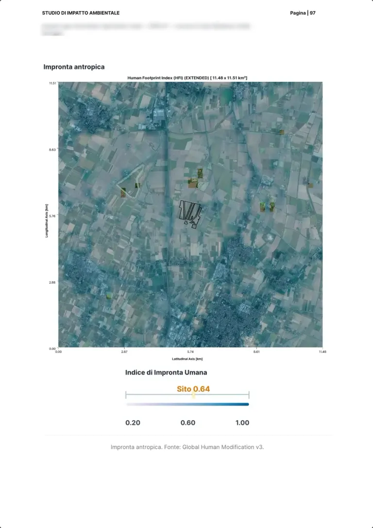 La carte de l'empreinte humaine autour du site, en tons de bleu clair, avec la barre d'échelle et la valeur du site.