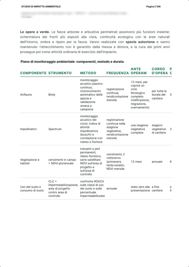 La page des aménagements paysagers et le tableau du plan de suivi environnemental par composante, avec instruments, méthodes et fréquences.