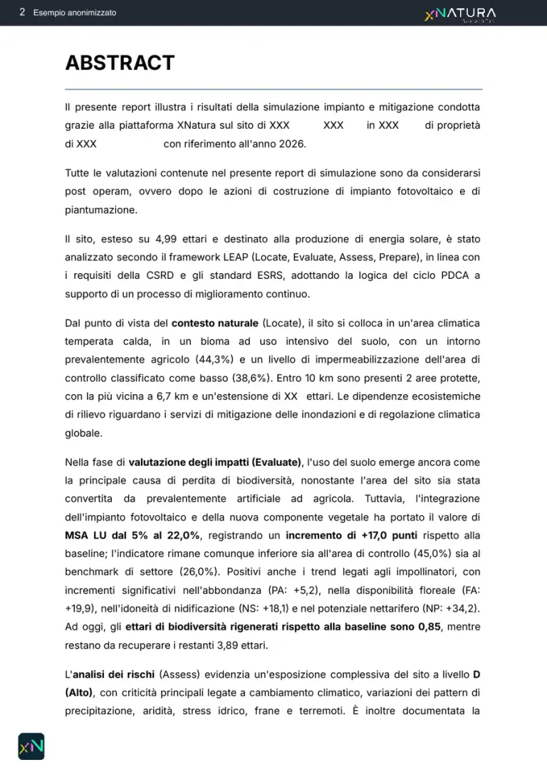 The report's abstract: the natural context of the site, the change in MSA with the plant and the overall risk level.