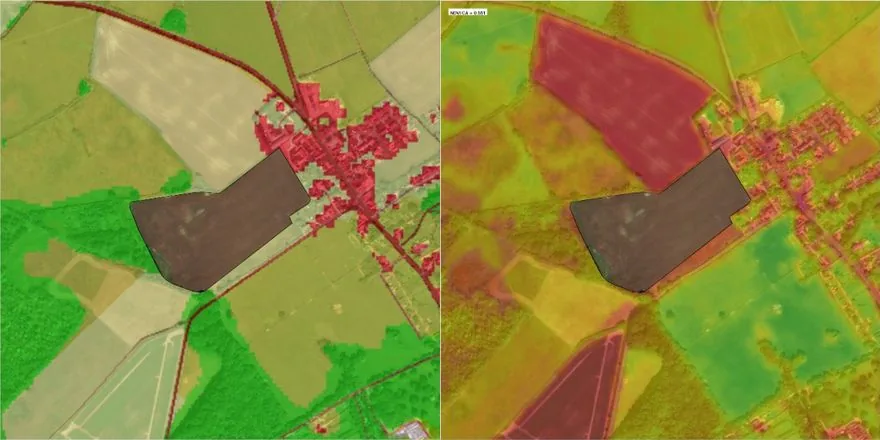 The 1 km control area seen from satellite and coloured by land cover: arable fields and pastures, woodland to the south and west, the village of Chippenham in red to the north-east, with the red line shaded at the centre.