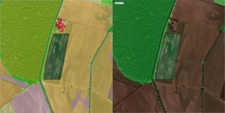 The 1 km control area seen from satellite and coloured by land use: the woodland to the west, maize and soy fields, the watercourses, with the project perimeter at the centre.