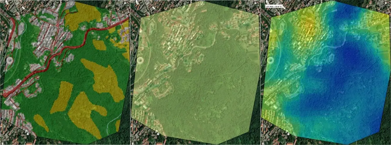 Il sito di Como colorato per copertura del suolo: il bosco naturale in verde al centro e a sud, le macchie agricole in giallo, gli edifici in grigio e le strade in rosso a nord-ovest, dentro il perimetro.
