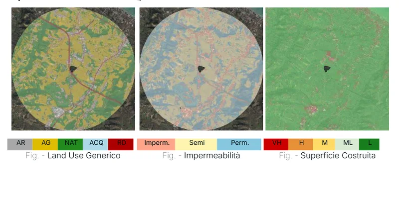 The surroundings of the site, in a circle, coloured by land use: artificial, agricultural, natural, water and roads, with the legend.
